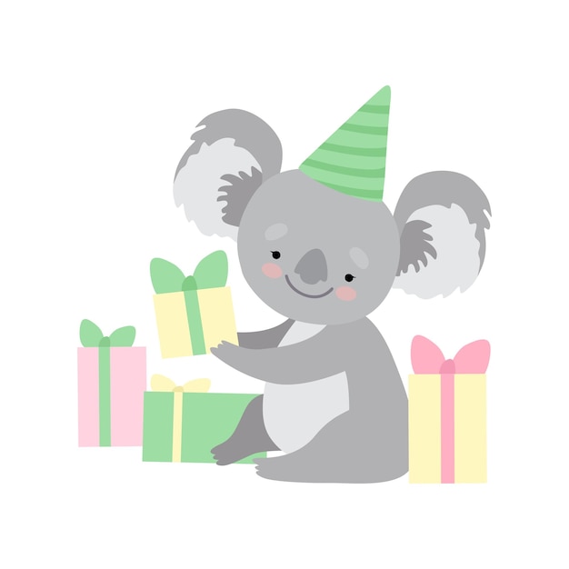 Schattige koala draagt feestmuts zittend met geschenkdozen grappige grijze gehumaniseerde dierlijke karakter vectorillustratie op witte achtergrond