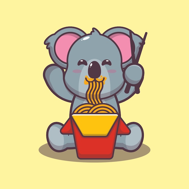 schattige koala eten noodle cartoon vectorillustratie