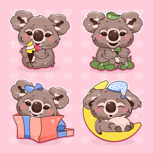 Schattige koala kawaii cartoon vector tekens instellen. schattige en grappige dieren slapen, ijs geïsoleerde stickers eten