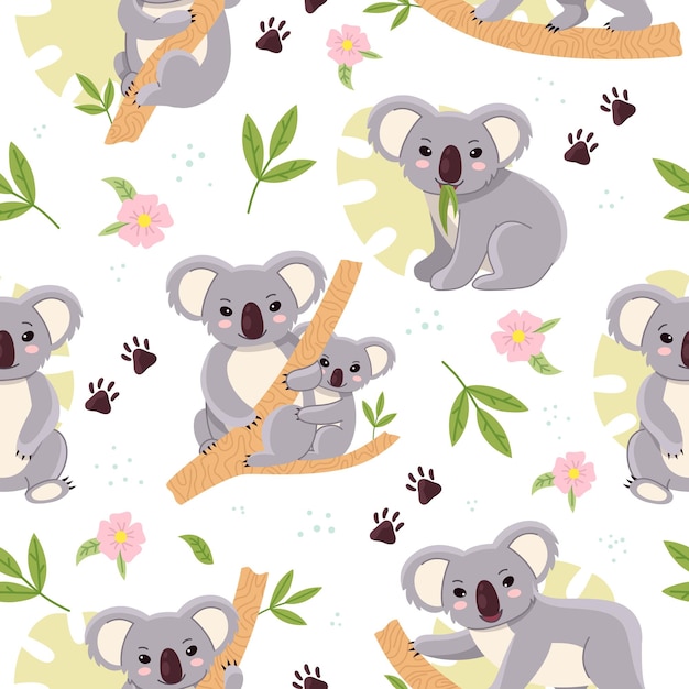 Schattige koala's naadloze achtergrond met kinderen mini beren tropische bladeren baby kwekerij ontwerp pluizige dieren Australische fauna Decor textiel inpakpapier behang Vector patroon