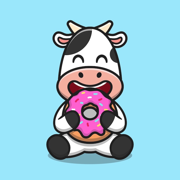 Vector schattige koe eten donut cartoon vector pictogram illustratie