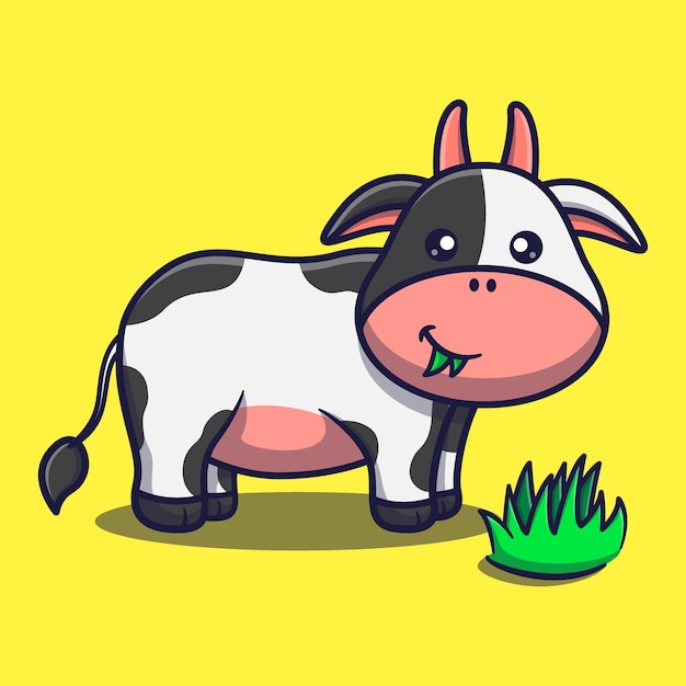 Schattige koe eten gras cartoon vector pictogram dierlijke illustratie kawaii