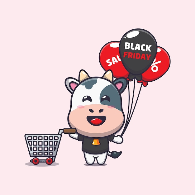Schattige koe in zwarte vrijdag cartoon mascotte illustratie
