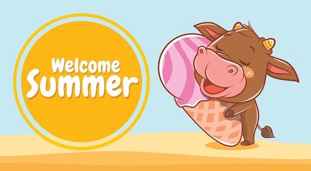 schattige koe knuffelen ijs met een zomerse groetbanner