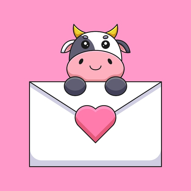 Schattige koe met een liefdesbrief cartoon mascotte doodle kunst hand getrokken schets concept vectorillustratie kawaii pictogram