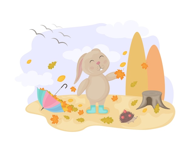 Schattige konijn herfst illustratie met cartoon konijn en egel de haas verzamelt herfstbladeren in