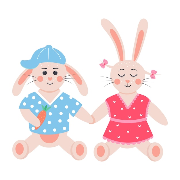 Schattige konijnen zitten verliefd Bunny jongen met wortel konijntje meisje bij de hand houden Stripfiguren van het bos
