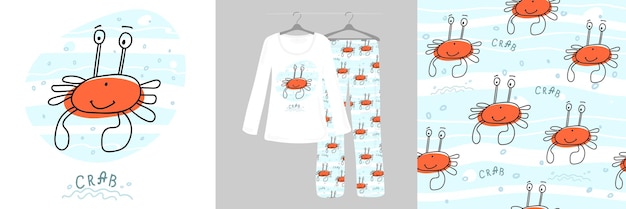 Schattige krab en zee tekenfilm dieren handgetekende naadloze patroon dames kinderpyjama's