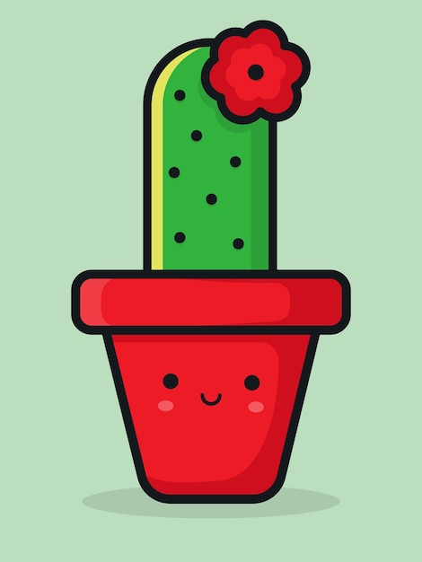 Schattige lachende cartoon platte bloeiende cactus Groene cactus in een rode bloempot Vector illustratie