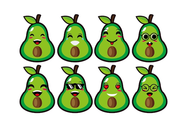 Schattige lachende grappige avocado set collectie Vector platte cartoon gezicht karakter mascotte illustratie