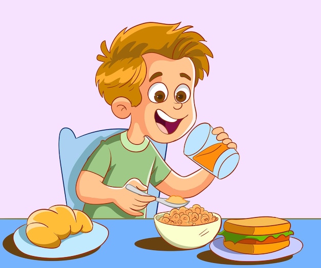 Schattige lachende jongen ontbijten in de keuken, kleurrijke karakter vector Illustration