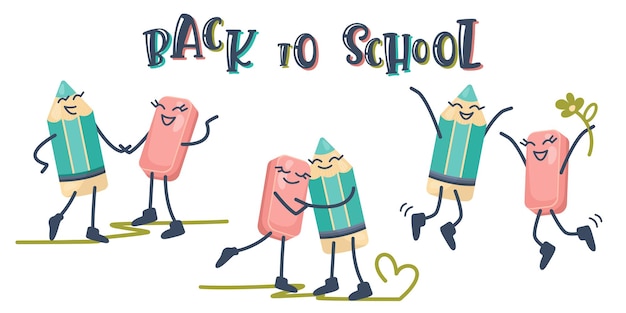 Schattige lachende potlood met gum genieten van vergadering en terug naar school Cartoon belettering grappige karakters met gelukkige emoties School ontwerp Onderwijs kennis studie concept vectorillustratie