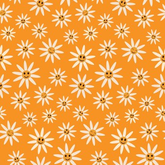 Schattige lachende witte margriet bloemen naadloze patroon op oranje achtergrond in retro jaren '70 stijl