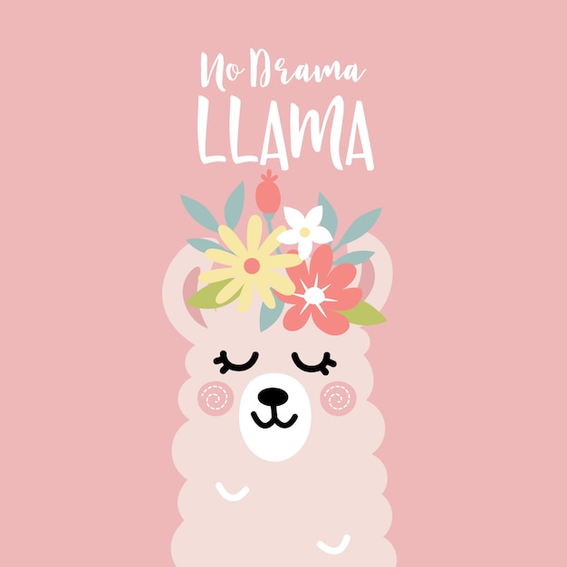 Schattige lama, alpaca cartoon met bloem kroon, geen drama lama motiverende citaat