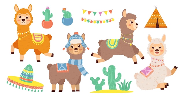 Schattige lama set schattige tropische en exotische dieren Stickers voor sociale media Dieren in het wild en fauna Speelgoed of mascottes Cactus en sombrero Cartoon platte vector collectie geïsoleerd op witte achtergrond