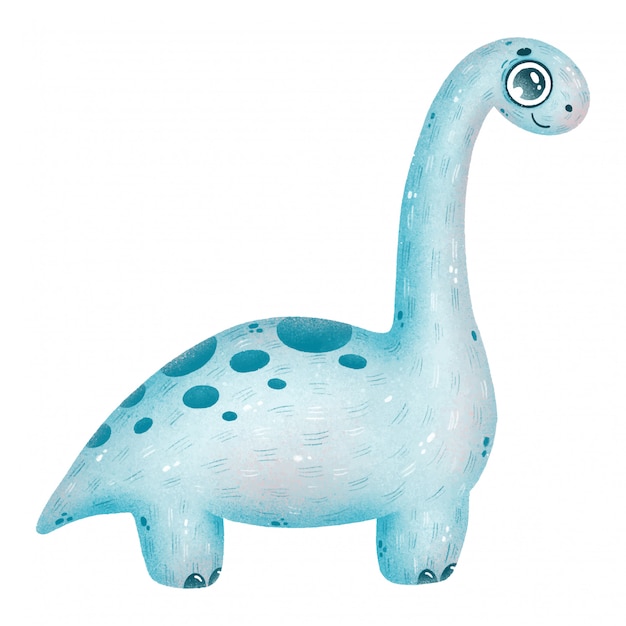Schattige lichtblauwe dinosaurus brontosaurus met lange nek op een witte achtergrond