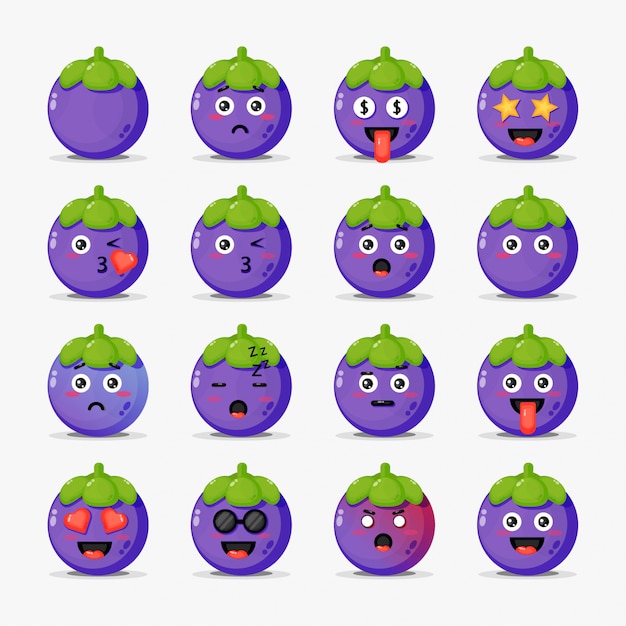 Schattige mangosteen met emoticons set