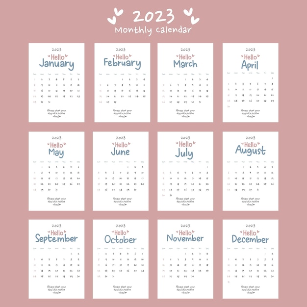 Vector schattige minimalistische 2023-kalender in wit met hallo maand en motiverende belettering met positieve sfeer