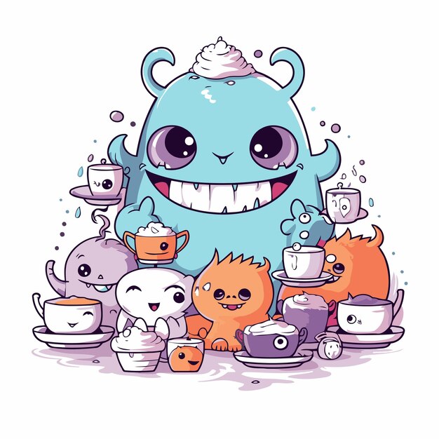 schattige monsters met een kop koffie kawaii personages vector illustratie ontwerp