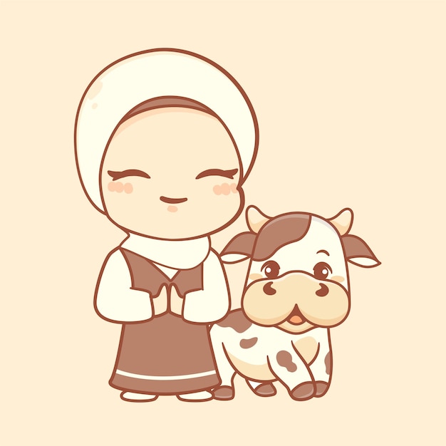 Schattige moslim jongen meisje met koe eid al adha cartoon pictogram illustratie