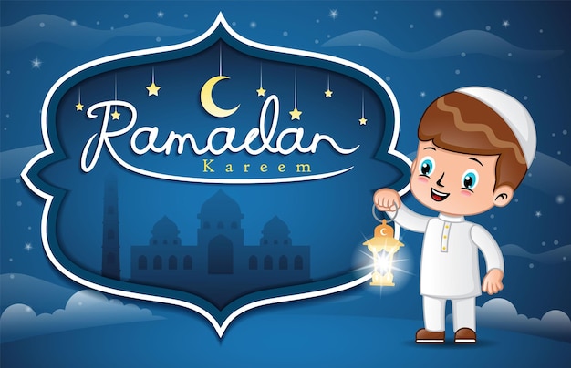 Schattige moslim kinderen houden lantaarn op Ramadan nacht op decoratie moskee frame achtergrond