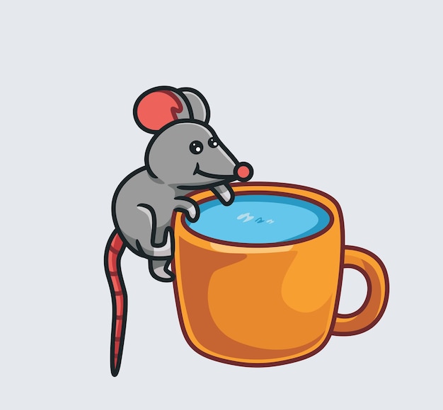 Schattige muis dorstig en drinken op een mok geïsoleerde cartoon dierlijke natuur illustratie vlakke stijl geschikt voor sticker pictogram ontwerp Premium logo vector mascotte karakter