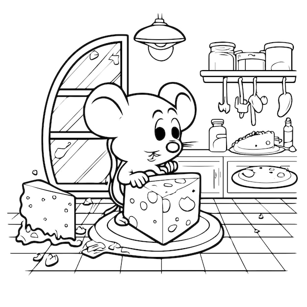 Schattige muis eten in Kitshen dier voor kleurboek of kleurplaat voor kinderen Vector Clipart Illus