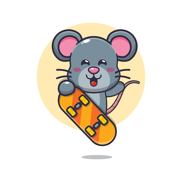 schattige muis mascotte stripfiguur met skateboard