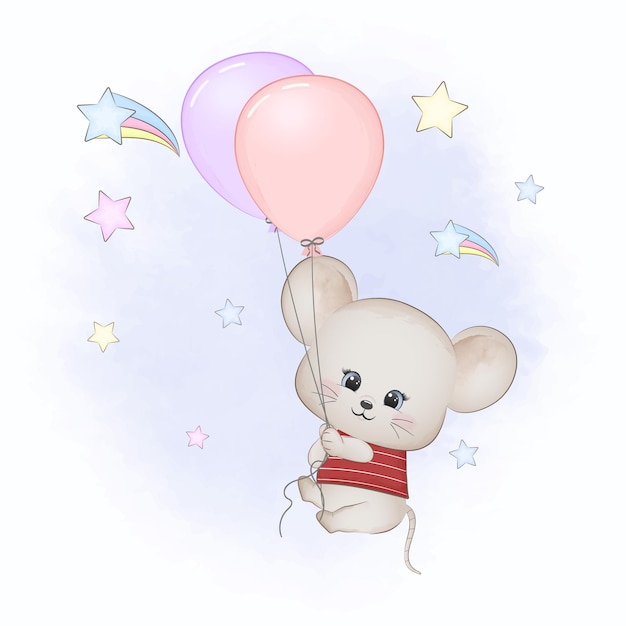 Schattige muis met ballonnen in de lucht