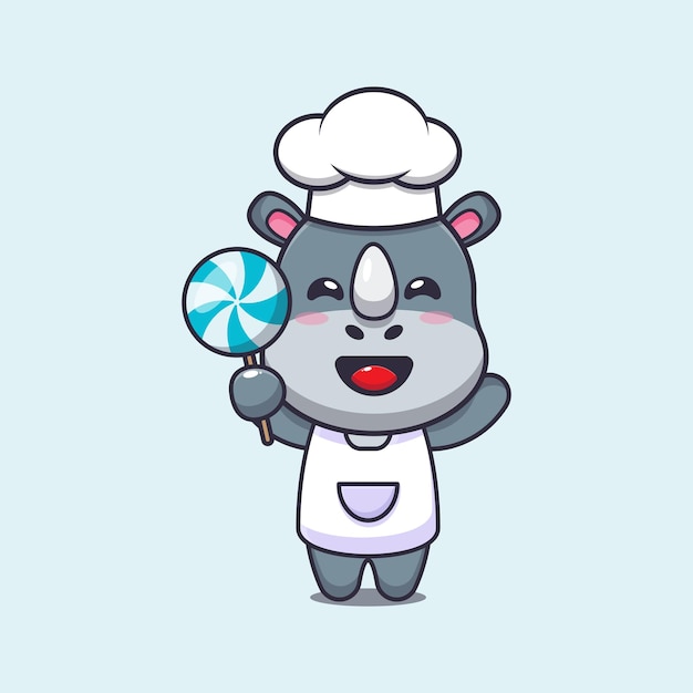 schattige neushoorn chef-kok mascotte stripfiguur met snoep