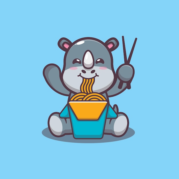 Schattige neushoorn eten noodle cartoon vectorillustratie