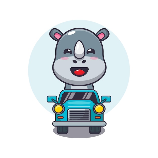 schattige neushoorn mascotte stripfiguur ritje op auto