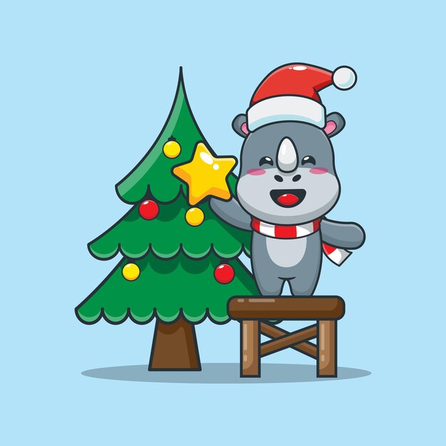 Schattige neushoorn met kerstboom op eerste kerstdag Leuke kerst cartoon afbeelding