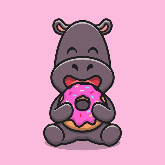 Vector schattige nijlpaard eten donut cartoon vector pictogram illustratie