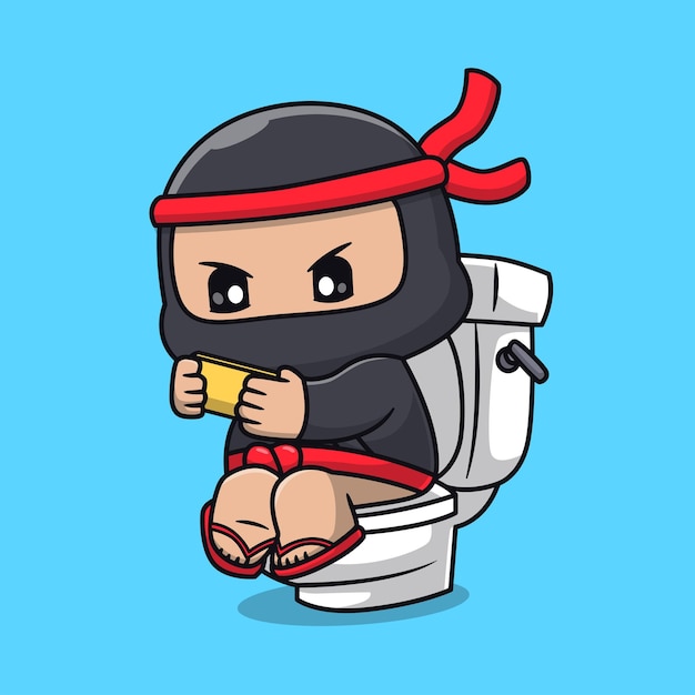 Vector schattige ninja spelen telefoon op toilet cartoon vector pictogram illustratie mensen vakantie pictogram geïsoleerd