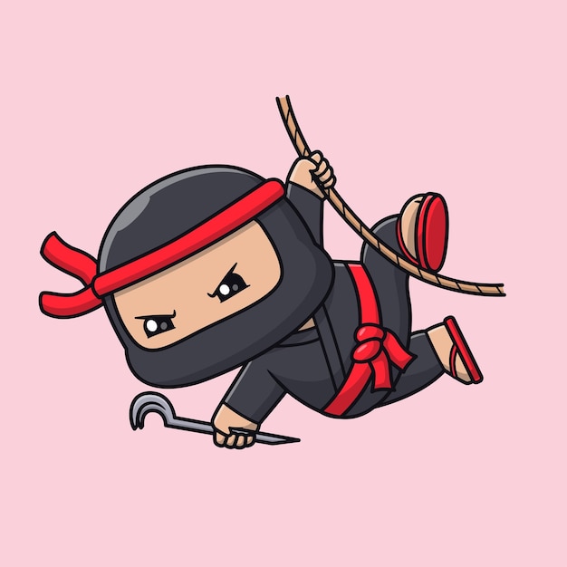 Schattige Ninja-vechter hangend aan touw met stokmes Cartoon Vector Icon Illustratie Mensen plat