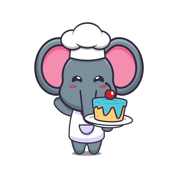 Schattige olifant chef-kok mascotte stripfiguur met cake