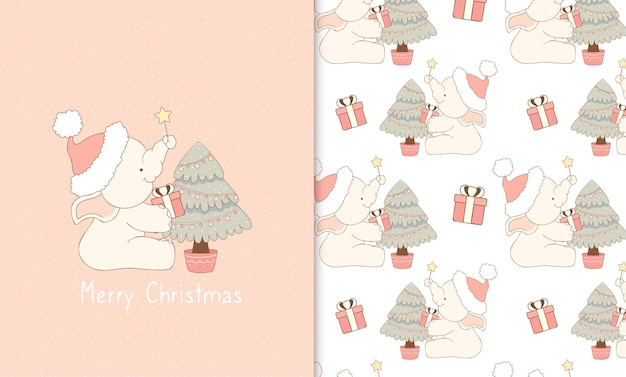 Schattige olifant kerstman en cadeau kerstboom doodle naadloze patroon Kerstkaart en behang