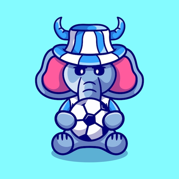 Schattige olifant voetbalsupporter met bal en hoed