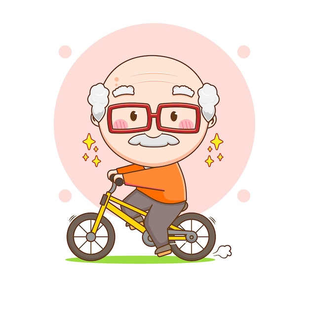 Schattige opa rijden fiets chibi stripfiguur