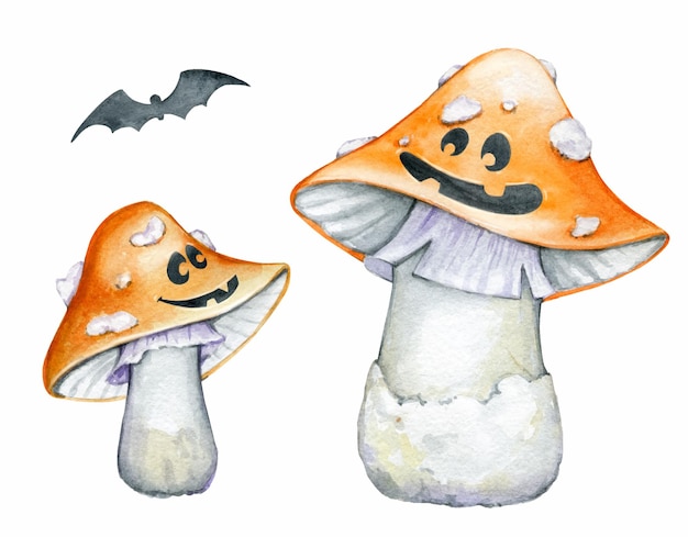 Schattige oranjekleurige paddenstoelen een vleermuis Aquarel paddenstoelen en een dier in cartoonstijl Halloween-symbolen