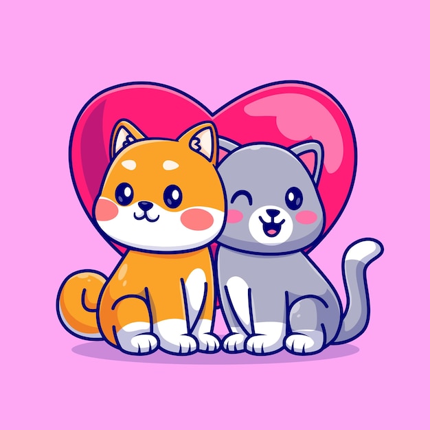 Schattige paar Shiba Inu hond en kat In liefde hart Cartoon vector pictogram illustratie. Dierenliefde icoon