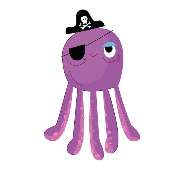 Vector schattige paarse octopus in zwarte piratenhoed met schedel en botten kraken zeemonster