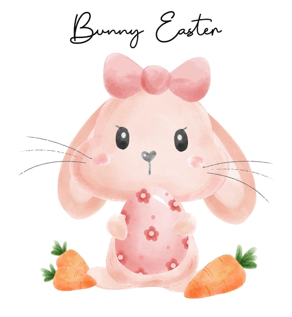 Schattige paashaas konijn meisje met easte ei en wortel cartoon aquarel vector baby bunny