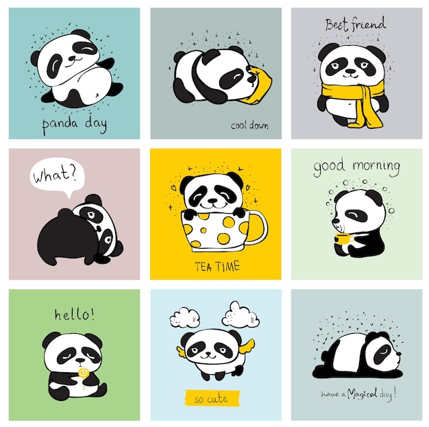 Schattige Panda beer illustraties, verzameling van vector handgetekende elementen, zwart-wit pictogrammen