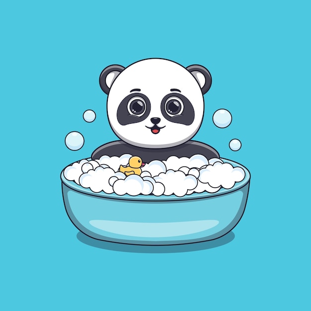Schattige panda die in bad gaat met speelgoed eend en bubbels