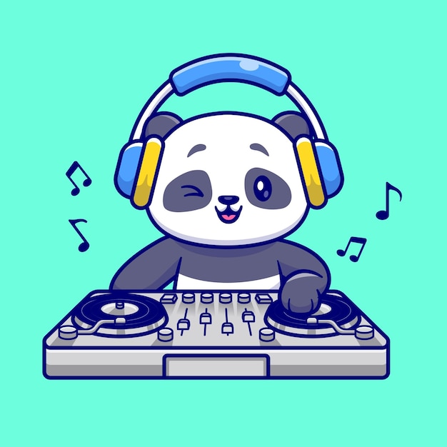 Schattige Panda Dj Elektronische Muziek Spelen Met Hoofdtelefoon Cartoon Vector Icon Illustratie. Dieren muziek