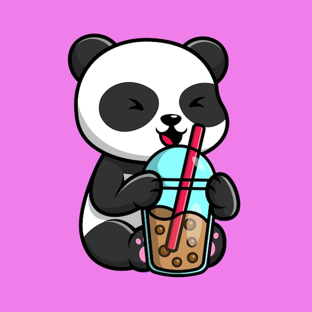 Schattige Panda Drinken Boba Melk Thee Cartoon Vector Pictogrammen Illustratie