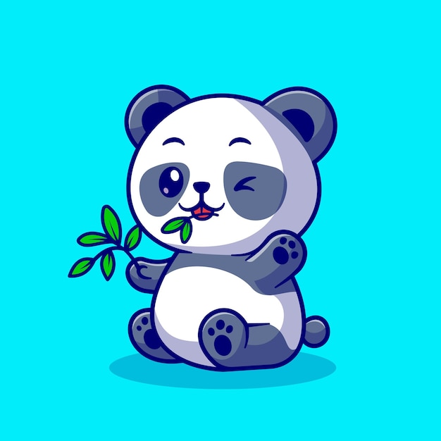 Vector schattige panda eet bamboe blad cartoon vectorillustratie pictogram. dierlijke natuur pictogram concept geïsoleerd premium vector. platte cartoonstijl