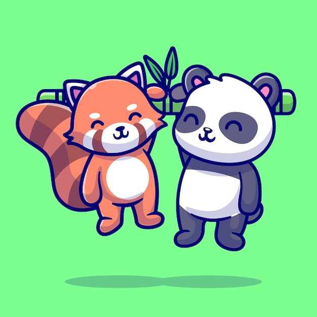 Schattige panda en rode panda hangen op bamboe cartoon vector pictogram illustratie dierlijke natuur geïsoleerd